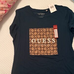 GUESS Women's Dark Blue and Tan Logo Tee